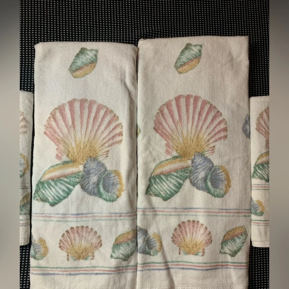 Vintage 1980s Sea Shells Art Deco Pastel Towel Set of 6 RARE HTF USA Cotton